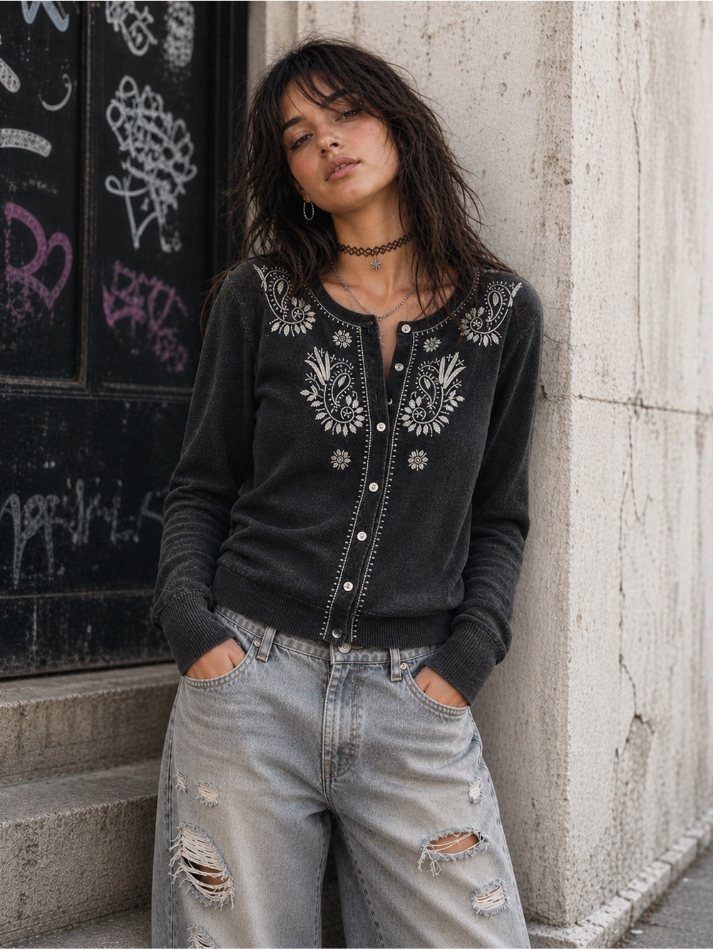 Lucky Brand Black Longsleeve Cotton Cardigan Embroidered M
